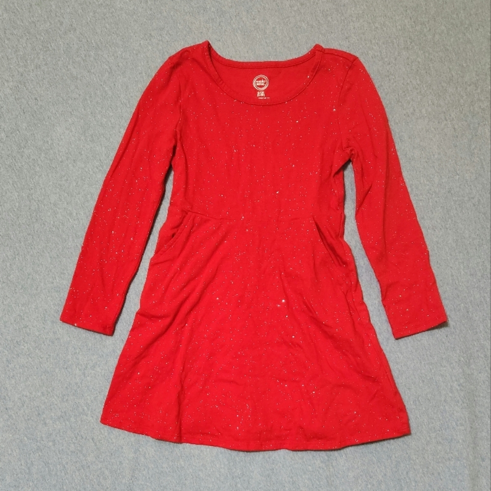 Red A-Line Knee-Length Dress with Long Sleeves Glittery 6/6×
